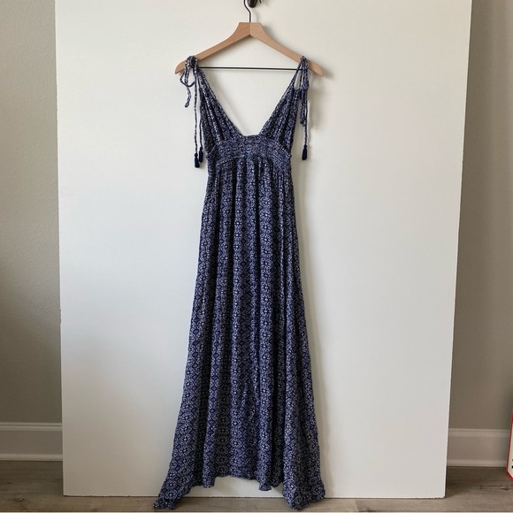 Lulus LuLu's Field Day Navy Blue Print Tie Strap Maxi Dress Knit Paisley Floral - Picture 5 of 5